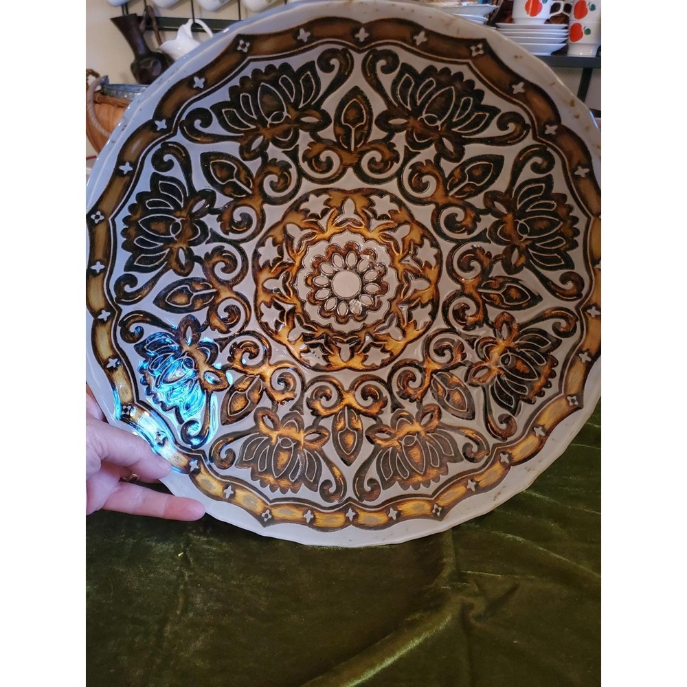 Vintage Embossed Silverina Reverse Cut Glass Bowl Gold Brown Floral